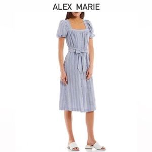 Alex Marie Dress Flare Midi ,A- Line Belt Cotton Modest Striped , Size 6